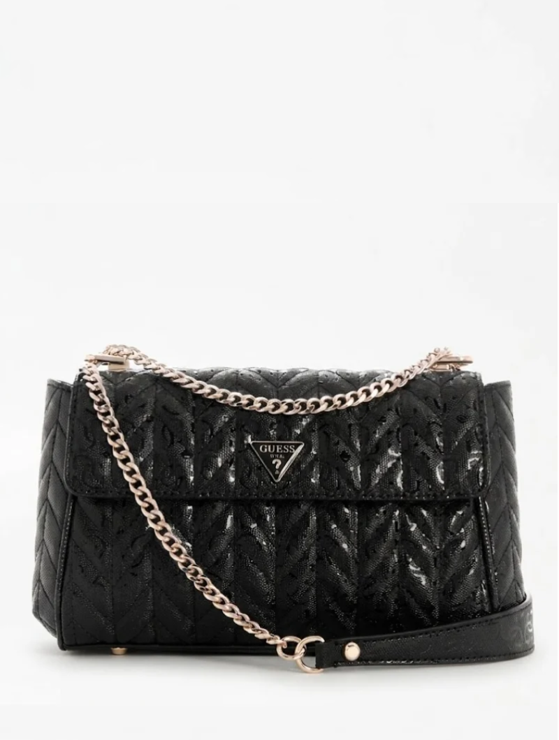 Bolsa de Ombro com Lapela e Alça Transversal Conversível Stacey Preta- Guess