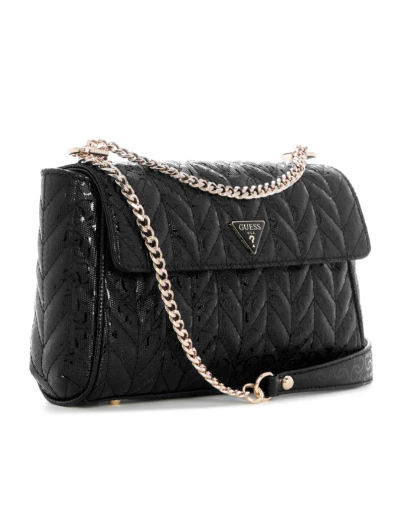 Bolsa de Ombro com Lapela e Alça Transversal Conversível Stacey Preta- Guess