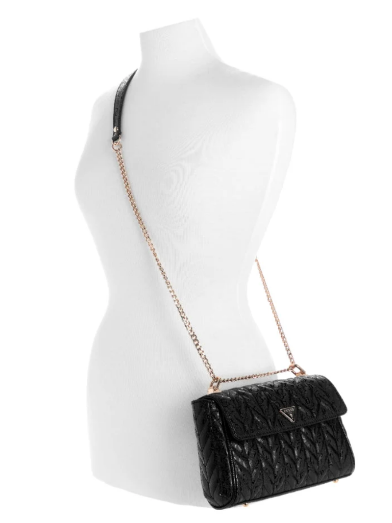 Bolsa de Ombro com Lapela e Alça Transversal Conversível Stacey Preta- Guess