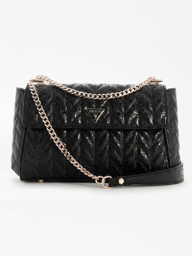 Bolsa de Ombro com Lapela e Alça Transversal Conversível Stacey Preta- Guess